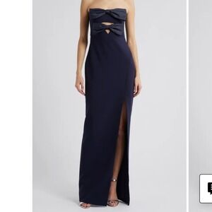 LIKELY Bea Strapless Gown Navy Blue Double Bow Cutout Front Slit Dress Size 0